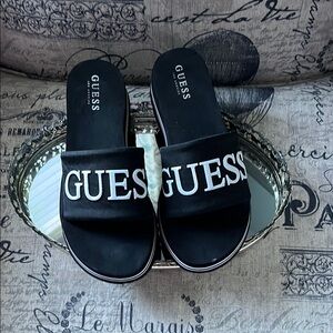 Guess Black Slide Sandals with White Logo